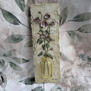Vintage Cheri Blum 3D Floral Wall Plaque Purple Flowers Vase Textured Art Decor
